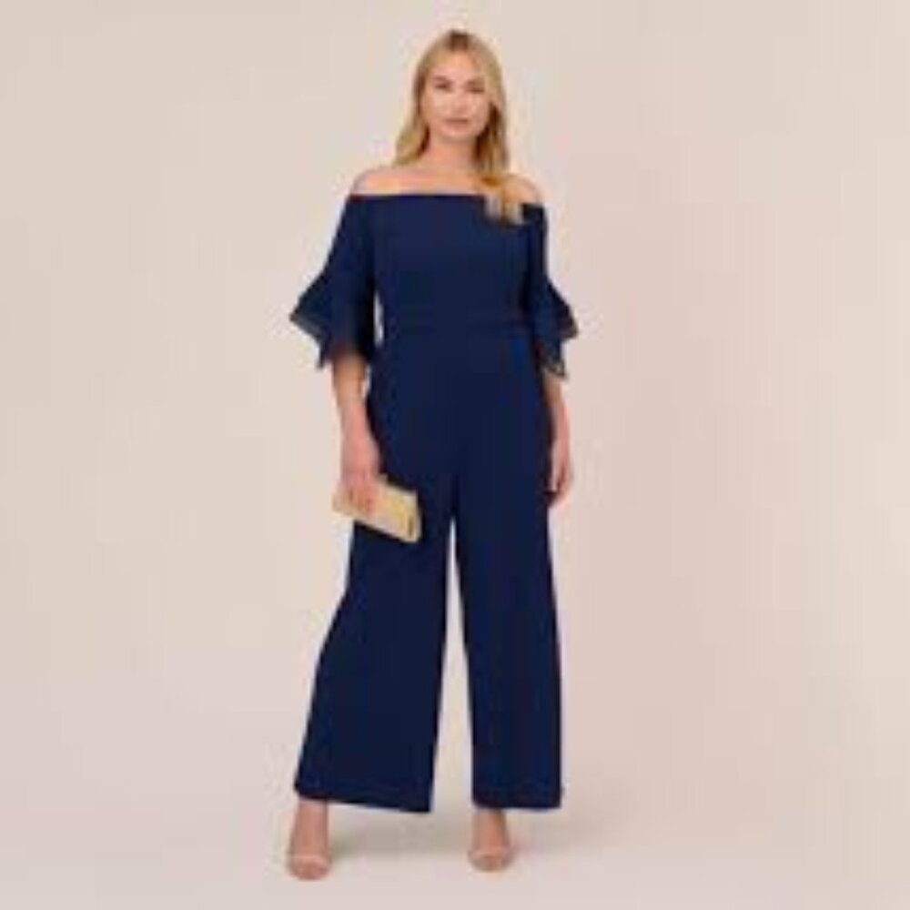 Adrianna Papell navy blue crepe organza cocktail off shoulder jumpsuit size 20W